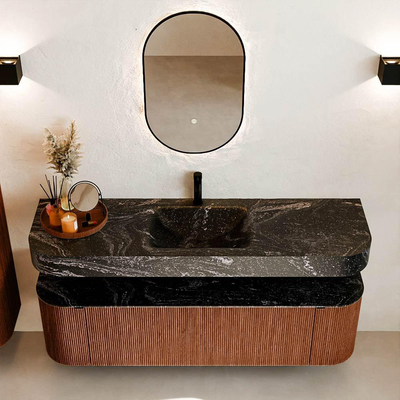 MONDIAZ THOR-DLUX 160cm meuble de salle de bains arrondi gauche + droite couleur Ruby avec 1 tiroir et 2 portes. Vasque suspendue CLOUD Milieu 1 trou de robinet couleur Lava.