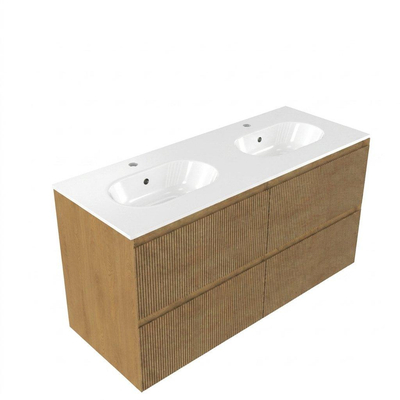Saniclass Holz Atelier Ensemble meuble de salle de bains - 120x45x74cm - lavabo en céramique Chaci blanc - 2 vasques - 2 trous de robinetterie - 2 tiroirs - chêne natural mat (bois)