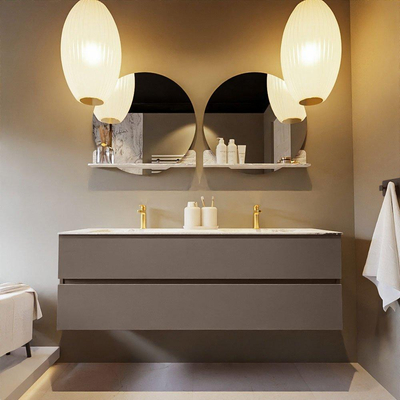 Mondiaz VICA-DLUX ensemble de meuble de salle de bain - 150cm - meuble sous-vasque fumée - 2 tiroirs - lavabo encastré nuage double - 2 trous de robinet - version haute 60cm - glace