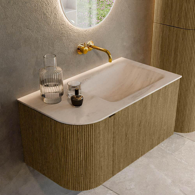 MONDIAZ KURVE-DLUX Meuble de salle de bains 85cm arrondi gauche couleur Dusk avec 1 tiroir et 1 porte. Lavabo CLOUD droit sans trou de robinet Meli.