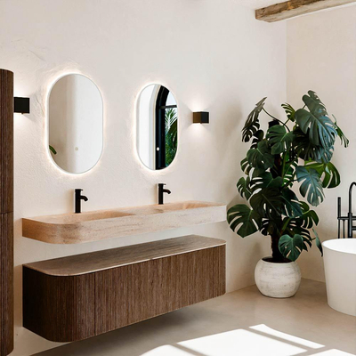 MONDIAZ THOR-DLUX 160cm meuble de salle de bains arrondi gauche + droite couleur Walnut avec 1 tiroir et 2 portes. Vasque suspendue CLOUD Double 2 trous de robinet couleur Saba.