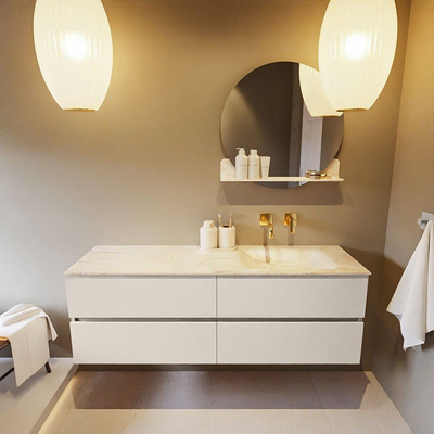 Mondiaz VICA-DLUX ensemble de meuble de salle de bain - 150cm - meuble sous-vasque lin - 4 tiroirs - lavabo encastrée cloud droite - sans trous de robinet - version haute de 60cm - ostra