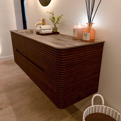 Mondiaz CIRO-DLUX Badkamermeubelset - 140x45x50cm - Solid surface wastafel Sombra - 1 wasbak Links - 1 kraangat - 4 lades - Ruby