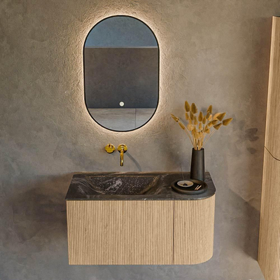 MONDIAZ KURVE-DLUX 85cm Meuble salle de bain avec module 25 D - couleur Oak - 1 tiroir - 1 porte - vasque CLOUD gauche - sans trou de robinet - couleur Lava