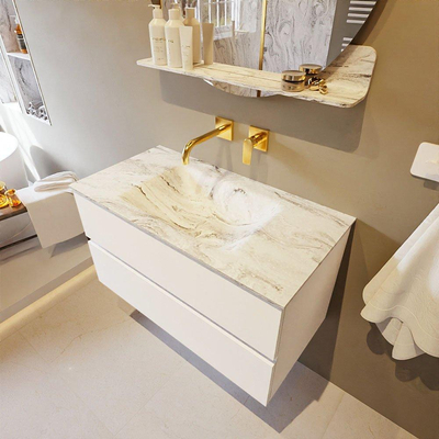 Mondiaz VICA-DLUX ensemble de meuble de salle de bain - 90cm - meuble sous-vasque talc - 2 tiroirs - lavabo encastré cloud milieu - sans trous de robinet - version haute de 60cm - glace