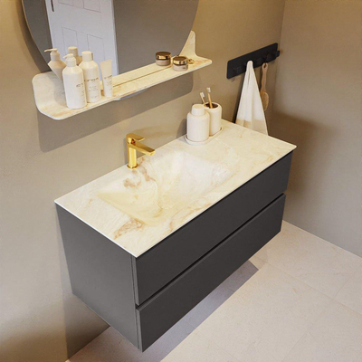 Mondiaz VICA-DLUX Ensemble de meuble de salle de bain - 100cm - meuble sous-vasque gris foncé - 2 tiroirs - lavabo encastré cloud gauche - 1 trou de robinet - version haute de 60cm - frape