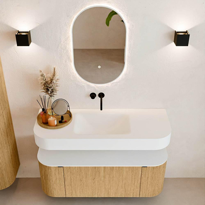 MONDIAZ THOR 120cm meuble de salle de bains arrondi gauche + droite couleur Oak avec 1 tiroir et 2 portes. Vasque suspendue CLOUD Milieu sans trou de robinet couleur Talc.