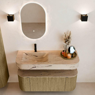 MONDIAZ THOR-DLUX 120cm meuble de salle de bains arrondi gauche + droite couleur Dusk avec 1 tiroir et 2 portes. Vasque suspendue CLOUD Gauche 1 trou de robinet couleur Arena.