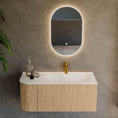 MONDIAZ KURVE-DLUX 105cm Meuble salle de bain avec module 25 G - couleur Oak - 1 tiroir - 1 porte - vasque BIG SMALL droite - 1 trou de robinet - couleur Ostra