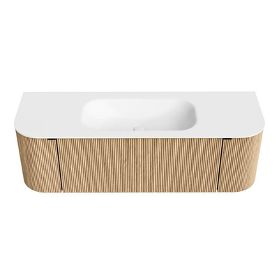 MONDIAZ KURVE Meuble de salle de bains 140cm avec module 25 Len R couleur Chêne avec 1 tiroir et 2 portes. Vasque BIG SMALL central sans trou de robinet Talc.
