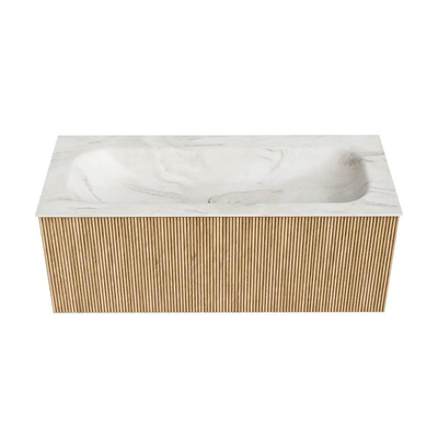 MONDIAZ KURVE-DLUX Meuble de salle de bains 110 cm couleur Oak avec 1 tiroir. Lavabo BIG MEDIUM central 1 trou de robinet couleur Ostra.