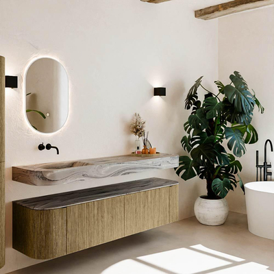 MONDIAZ THOR-DLUX 180cm meuble de salle de bains arrondi gauche + droite couleur Dusk avec 2 tiroirs et 2 portes. Vasque suspendue CLOUD Gauche sans trou de robinet couleur Sombra.