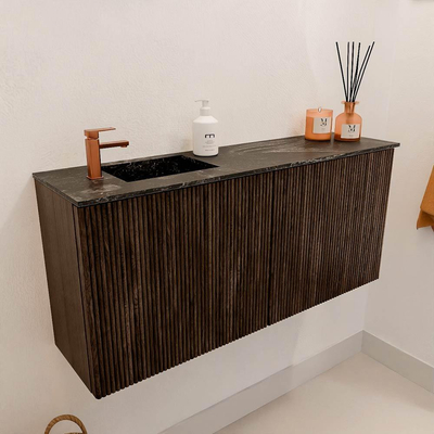 Mondiaz JOYA-DLUX 90cm toiletmeubel - kleur Walnut - Wastafel FAYE positie Links 1 kraangat kleur Lava.