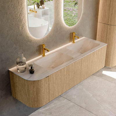 MONDIAZ KURVE-DLUX Meuble de salle de bains 155 cm arrondi à gauche couleur Oak avec 2 tiroirs et 1 porte. Lavabo LEAF Double / Droite 2 trous de robinet Meli.