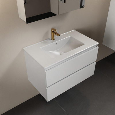 Mondiaz AIVY Ensemble de meuble - 80x45x50cm - 1 trou de robinet - 1 vasque Talc céramique - Centre - 2 tiroirs - avec armoire de toilette - MDF Talc