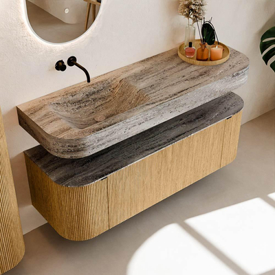 MONDIAZ THOR-DLUX 140cm badmeubel ronding links + rechts kleur Oak met 1 lade en 2 deuren. Vrijhangende wastafel CLOUD Links zonder kraangat kleur Oza.