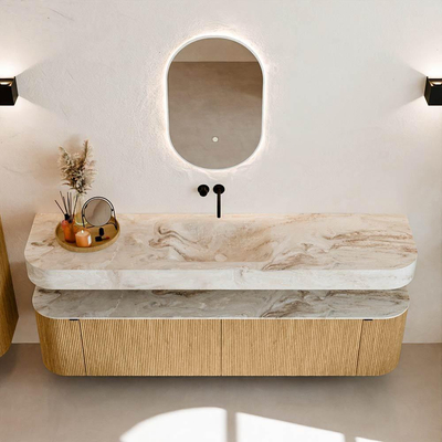 MONDIAZ THOR-DLUX Meuble de salle de bains - 190cm - arrondi gauche + droite - couleur Oak - 2 tiroirs et 2 portes - Vasque suspendue CLOUD Milieu sans trou de robinet - couleur Frappe