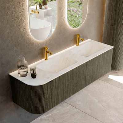 Mondiaz KURVE-DLUX Badkamermeubelset - 155x46x40cm - 2 lade - 1 deur - wastafel solid surface - dubbel / rechts - 2 kraangaten - Shadow