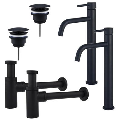 FugaFlow Eccelente Sobrado Slim Kit robinet lavabo - pour double vasque - robinet rehaussé - bonde non-obturable - siphon design - Noir mat