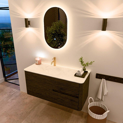 Mondiaz CIRO-DLUX Badkamermeubelset - 110x45x50cm - Solid surface wastafel Opalo - 1 wasbak Links - 1 kraangat - 2 lades - Shadow