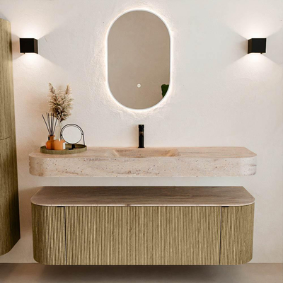 MONDIAZ THOR-DLUX 150cm meuble de salle de bains arrondi gauche + droite couleur Dusk avec 1 tiroir et 2 portes. Vasque suspendue CLOUD Milieu 1 trou de robinet couleur Saba.