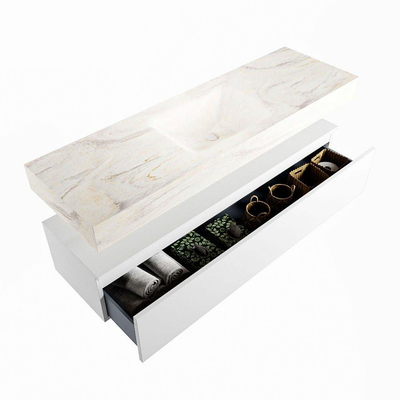 Mondiaz ALAN-DLUX Ensemble de meuble - 150cm - meuble Talc mat - 1 tiroir - Lavabo Cloud Ostra suspendu - vasque Centre - 0 trous de robinet