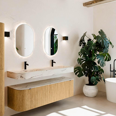 MONDIAZ THOR-DLUX 160cm meuble de salle de bains arrondi gauche + droite couleur Oak avec 1 tiroir et 2 portes. Vasque suspendue CLOUD Double 2 trous de robinet couleur Nata.