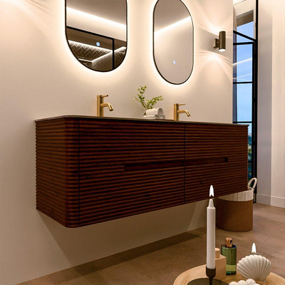 Mondiaz CIRO-DLUX Badkamermeubelset - 150x45x50cm - Solid surface wastafel Sombra - 2 wasbak Dubbel - 2 kraangaten - 4 lades - Ruby