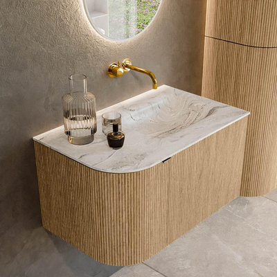 MONDIAZ KURVE-DLUX meuble de salle de bains 75cm avec module 25 L couleur Oak avec 1 tiroir et 1 porte. Lavabo GRUNNE à droite sans trou de robinet couleur Glace.