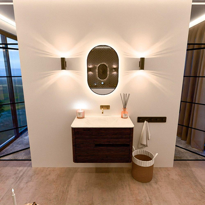 Mondiaz CIRO-DLUX Badkamermeubelset - 80x45x50cm - Solid surface wastafel Opalo - 1 wasbak Midden - zonder kraangaten - 2 lades - Walnut