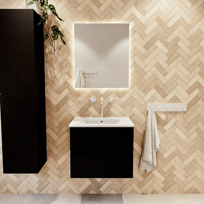 MONDIAZ VICA meuble sous lavabo 60cm Urban 2 tiroirs. Lavabo DENIA centre 1 trou de robinet, couleur Blanc Brillant.