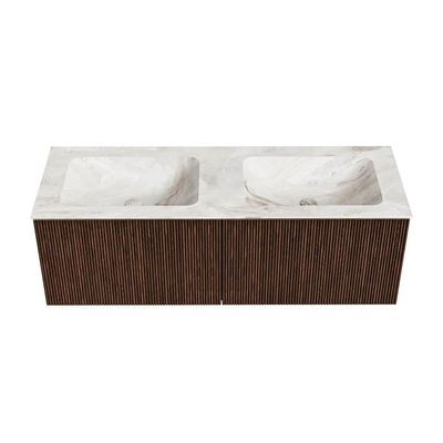 MONDIAZ KURVE-DLUX Meuble de salle de bains 130 cm couleur Walnut avec 2 tiroirs. Lavabo LEAF double 2 trous de robinet couleur Frappe.