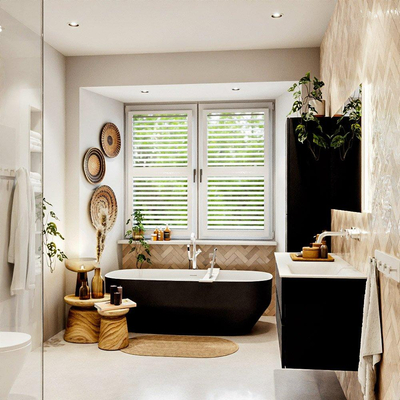 MONDIAZ VICA meuble sous lavabo 120cm Urban 2 tiroirs. Lavabo CLOUD à droite sans trou de robinet, couleur Talc.