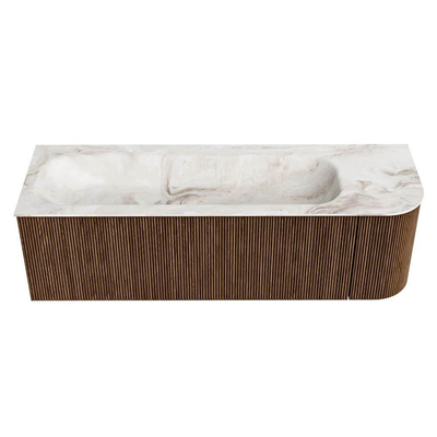 MONDIAZ KURVE-DLUX 145cm Meuble salle de bain avec module 25 D - couleur Walnut - 1 tiroir - 1 porte - vasque BIG LARGE gauche - sans trou de robinet - couleur Frappe