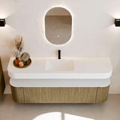 MONDIAZ THOR Meuble de salle de bains 180cm arrondi gauche + droite couleur Dusk avec 2 tiroirs et 2 portes. Vasque suspendue CLOUD Milieu 1 trou de robinet couleur Talc.