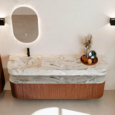 MONDIAZ THOR-DLUX 180cm meuble de salle de bains arrondi gauche + droite couleur Ruby avec 2 tiroirs et 2 portes. Vasque suspendue CLOUD Gauche 1 trou de robinet couleur Glace.