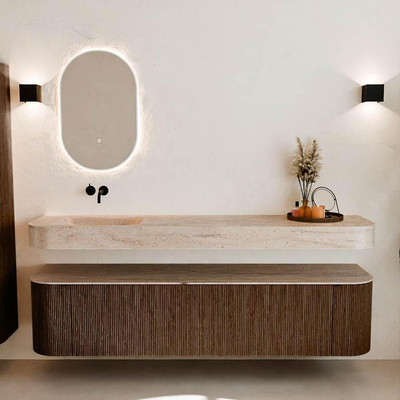 MONDIAZ THOR-DLUX Meuble de salle de bains 190cm arrondi gauche + droite couleur Walnut avec 2 tiroirs et 2 portes. Vasque suspendue CLOUD Gauche sans trou de robinet couleur Saba.