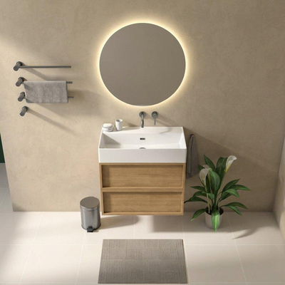 Ensemble meuble de salle de bains Saniclass Holz Frame - 80x45x72cm - lavabo Legend en céramique blanc mat - 1 vasque - sans trou de robinetterie - 2 tiroirs - chêne natural mat (bois)