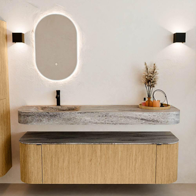 MONDIAZ THOR-DLUX 160cm badmeubel ronding links + rechts kleur Oak met 1 lade en 2 deuren. Vrijhangende wastafel CLOUD Links 1 kraangat kleur Oza.