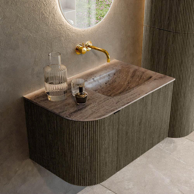 MONDIAZ KURVE-DLUX Meuble de salle de bains 75cm arrondi à gauche couleur Shadow avec 1 tiroir et 1 porte. Lavabo GRUNNE à droite sans trou de robinet Oza.