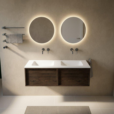 Saniclass Holz Frame Ensemble de meubles de salle de bains - 140x45x57.5cm - lavabo Torino en solid surface blanc - sans trou de robinet - 2 tiroirs - chêne charcoal mat (bois)