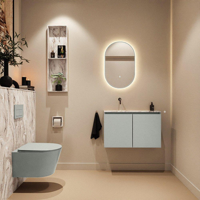 MONDIAZ TURE-DLUX Meuble toilette - 80cm - Greey - EDEN - vasque Glace - position gauche - sans trou de robinet