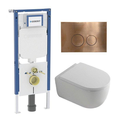 QeramiQ Dely Swirl Toiletset - 36.3x51.7cm - diepspoel - rimless - Geberit UP720 Duofix Sigma inbouwreservoir - 35mm zitting - koperen bedieningsplaat - ronde knoppen - wit mat