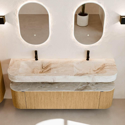 MONDIAZ THOR-DLUX 170cm badmeubel ronding links + rechts kleur Oak met 1 lade en 2 deuren. Vrijhangende wastafel CLOUD Dubbel 2 kraangaten kleur Frappe.