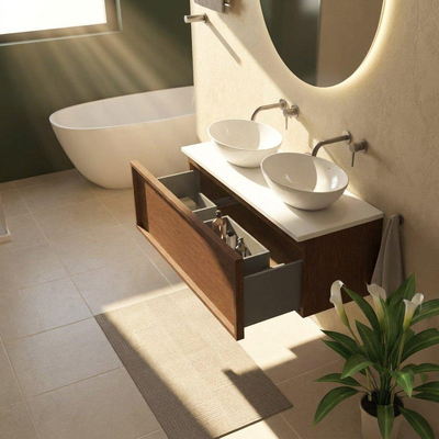 Saniclass Holz Frame Ensemble de meubles de salle de bains - 120x45x42.5cm - plan de toilette Torino en solid surface blanc - sans trou de robinetterie - 1 tiroir - noyer pur mat (bois)