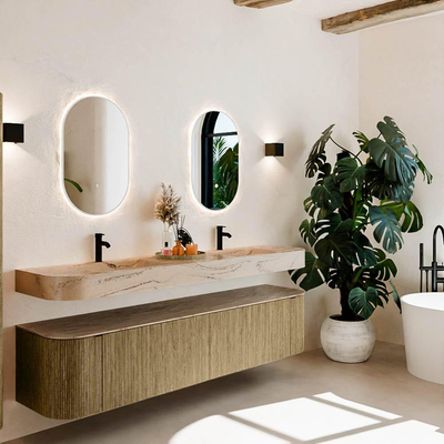 MONDIAZ THOR-DLUX 200cm meuble de salle de bains arrondi gauche + droite couleur Dusk avec 2 tiroirs et 2 portes. Vasque suspendue CLOUD Double 2 trous de robinet couleur Arena.