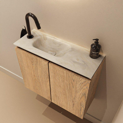 MONDIAZ TURE-DLUX Meuble toilette - 60cm - Washed Oak - EDEN - vasque Ostra - position gauche - 1 trou de robinet