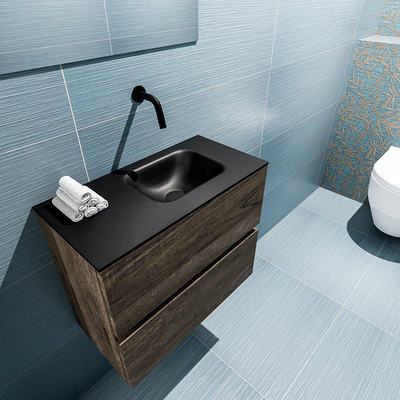 MONDIAZ ADA Toiletmeubel - 60x30x50cm - 0 kraangaten - 2 lades - dark brown mat - wasbak rechts - Solid surface - Zwart
