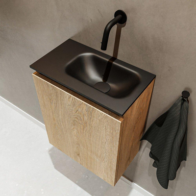 MONDIAZ TURE Fonteinset - 40x23x50cm - 0 kraangaten - 1 deur - washed oak mat - Wasbak rechts - Solid Surface Zwart
