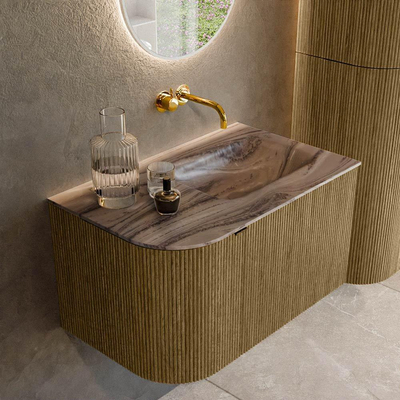 MONDIAZ KURVE-DLUX Meuble de salle de bains 75cm arrondi à gauche couleur Dusk avec 1 tiroir et 1 porte. Lavabo GRUNNE à droite sans trou de robinet Sombra.